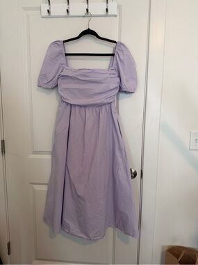 Lilac Square-Neck Puff Sleeve Midi Dress